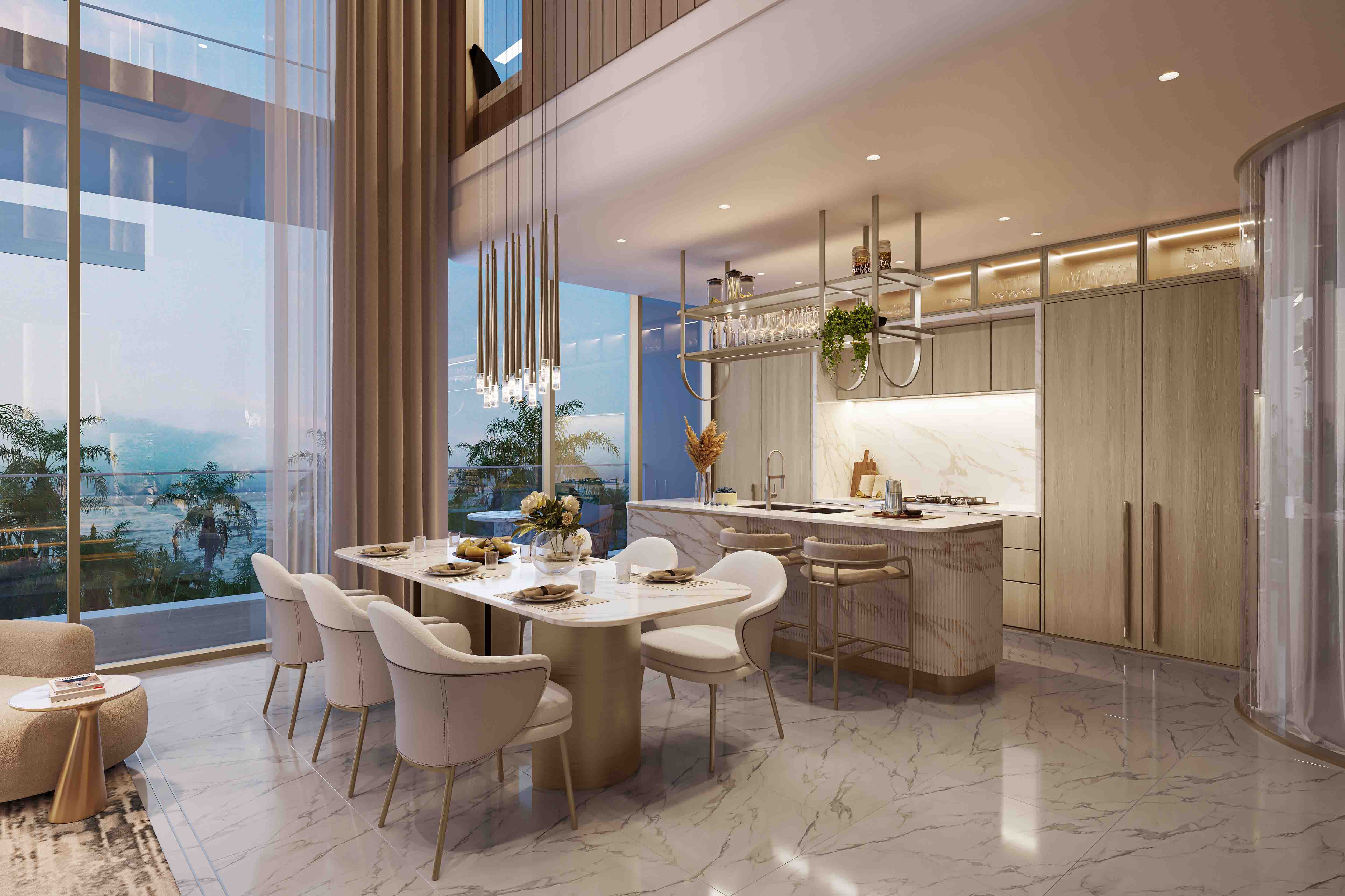 Beach Walk Grand 2 By Imtiaz Modern kitchen and dining area featuring a marble table, stylish chairs, and large windows with a scenic view.